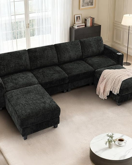 110" Chenille U-Shape Sofa with Flexible Ottomans, Comfy Sectional Sofa with 2 Built-in Cup Holders, Convertible 4 Seats Couch with Well-Filled Back Cushions for Living Room, House, Black