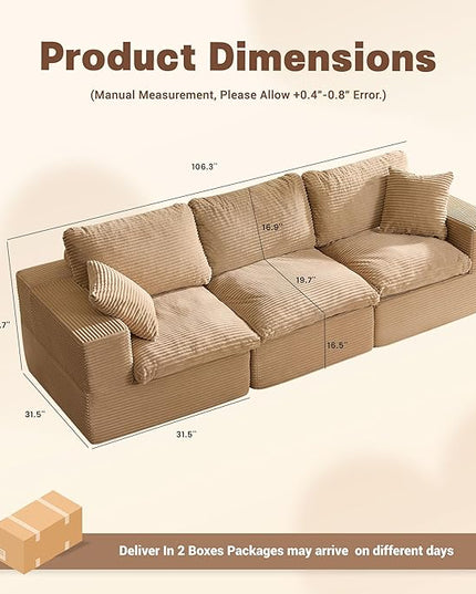 106.3” Sectional Couches for Living Room, Cloud Couch, Modular Sectional Sofa, Convertible Sofas Bed, Deep Seat Sofa, Corduroy,Camel