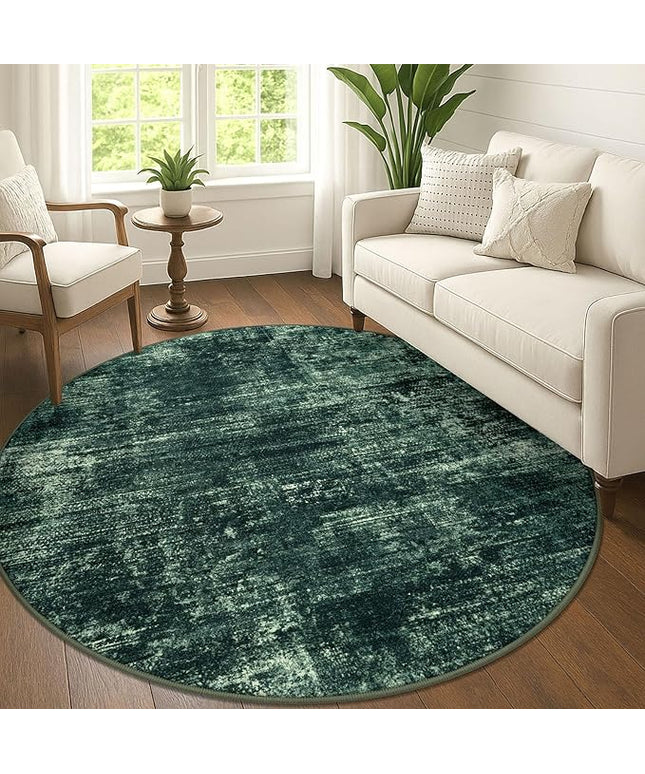 IOHOUZE Abstract Round Area Rug 6 Ft Washable Circle Rugs Large Round Rug Non Slip Thin Soft Circle Rugs, Printed Faux Wool Floor Carpet for Bedroom Living Room Dining Room Nursery, Dark Green