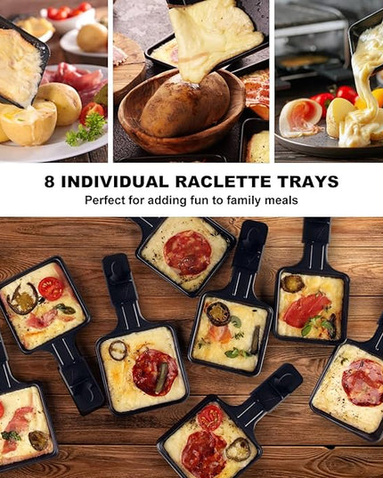 CUSIMAX Raclette Grill Korean BBQ Grill, Portable Raclette Table Grill Electric Grill with Non-stick Plate, Adjustable Temperature Control, Indoor Grill with Cool Touch Handles, 8 Cheese Trays for Fun