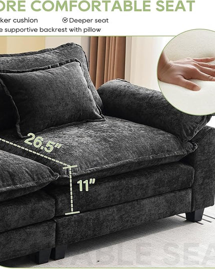 86" Modular Sectional Sofa, Comfy Cloud Couch Sectional Sofa with Ottoman, Chenille Sofa Sleeper Deep Seat Sofa with Throw Pillows for Living Room (Black, 86"- L Shape)