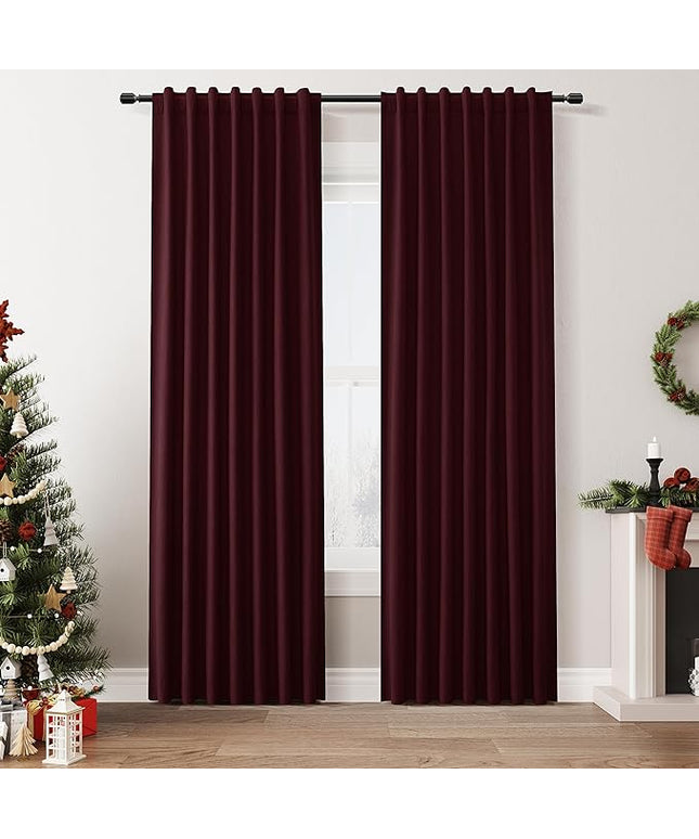 Guken Blackout Curtains 84 Inch Length 2 Panels Set for Living Room Bedroom Back Tab Thermal Insulated 100% Black Out Linen Drapes Boho Christmas Decor,Burgundy 52x84