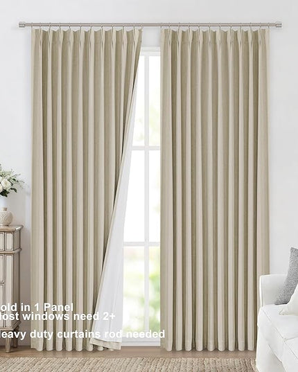 Vision Home Sand Pinch Pleated Full Blackout Curtains Linen Blended Room Darkening Window Curtains 120 inch for Living Room Bedroom Thermal Insulated Pinch Pleat Drapes with Hooks 60" Wx120 Lx1