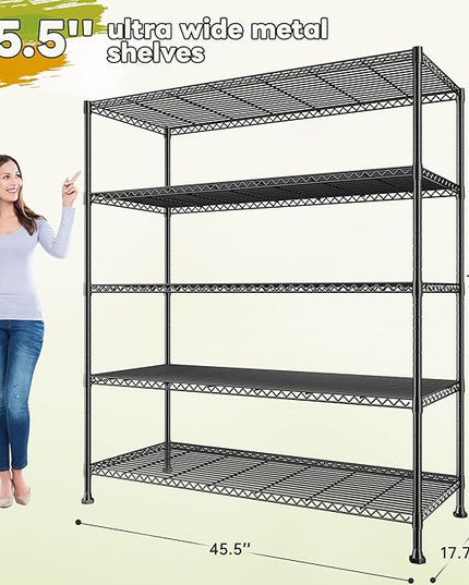 REIBII 45.5''W Storage Shelves Wire Shelving, 5 Tier Pantry Shelves for Storage Rack, Adjustable Metal Shelving for Pantry Kitchen Steel Shelving, 45.5" W x 71" H x 17.7" D, 2 Pack