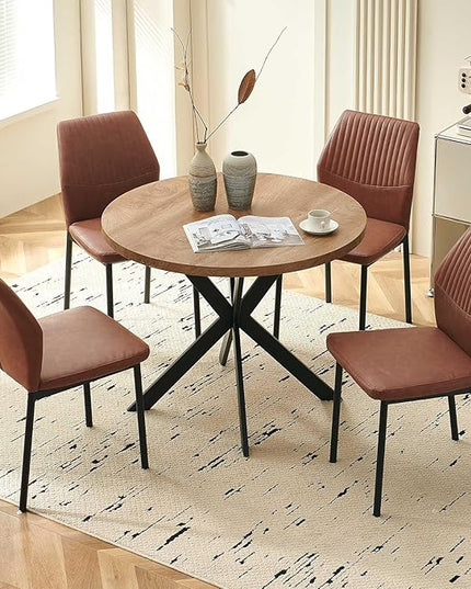 Dining Chairs Set of 4, Brown PU Leather Dining Chairs, Comfortable Upholstered Armless Kitchen Chairs with Black Metal Legs for Living Room, Dining Room, Kitchen