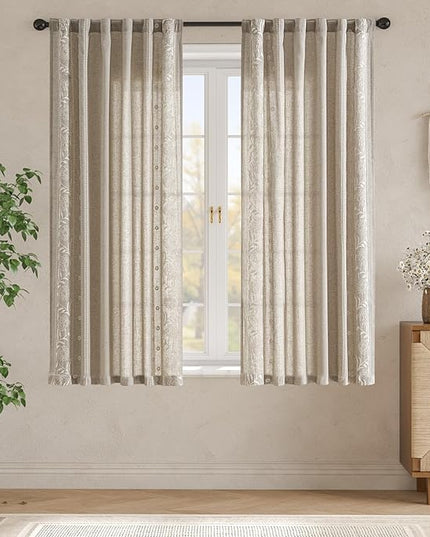 jinchan Winslow Linen Curtains for Bedroom 63 Inches Length Embroidered Bordered Floral Curtains for Living Room Farmhouse Decor Light Filtering Window Treatments Ivory on Taupe Drapes 2 Panels