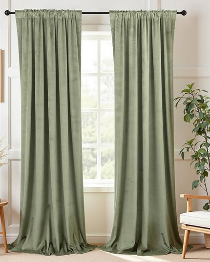 KOUFALL Sage Green Velvet Curtains for Bedroom Aesthetic Subtle Textured Blackout Boho French Country Cottage Core Curtains for Living Room 84 Inch Long