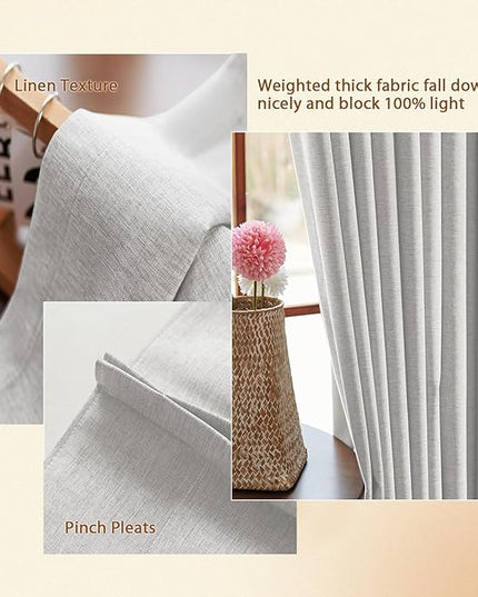 Textured Linen Pinch Pleated 100% Blackout Curtains for Bedroom/Living Room Blackout Curtains 102 Inches Long, Energy Saving Window Treatment Curtains,52Wx102Lx2,White Beige
