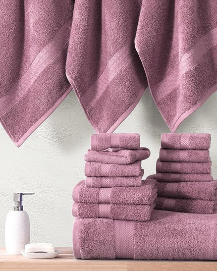 LANE LINEN 100% Mercerized Cotton Luxury Bathroom Towel Set - 16 Pcs - Super Soft, Fluffy & Highly Absorbent - 4 Bath Towels, 8 Washcloths, 4 Hand Towels - Pre Shrunk, Pet Friendly - Wishful Mauve