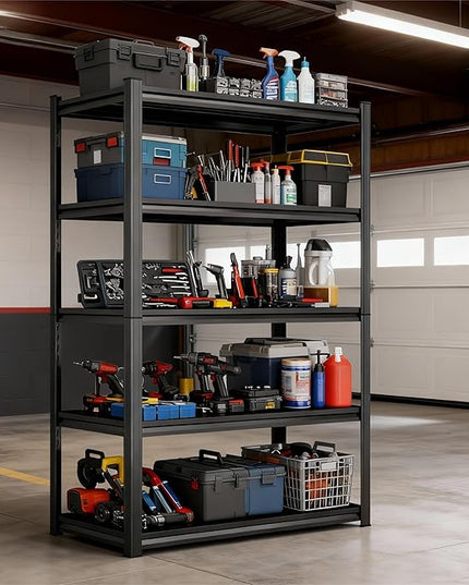 Storage Shelves, Garage Metal Shelving Unit, Adjustable, Double-Layer Column with Reinforced Ribs, Heavy-Duty, Capable of Bearing 600-3600 lbs (Balck, 63 * 39 * 20, 5-Tier)