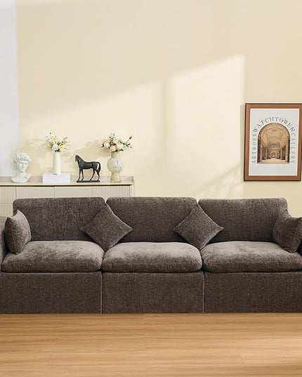 115''Cloud Boneless Sectional Couch, Modular Sectional Sofa Deep Seat, Oversized Upholstered Convertible Comfy 3 Seater Chenille Memory Foam Sofa Couches for Living Room, Brown