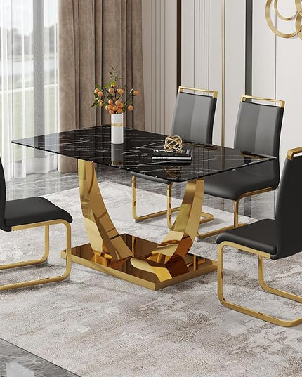 63” Dining Table Set for 4,Modern Gold Dining Room Table Set for 4, Faux Marble Kitchen Table Set with PU Leather Chairs,Black Dinner Table Set with Tempered Glass Top and Gold Base