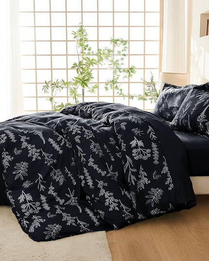 MUXHOMO Black Bed in a Bag Queen 7 Pieces, Queen Comforter Set Reversible Botanical Flowers Design, Ultra Soft & Breathable Bedding Sets with Comforter, Sheets, Pillowcases & Shams