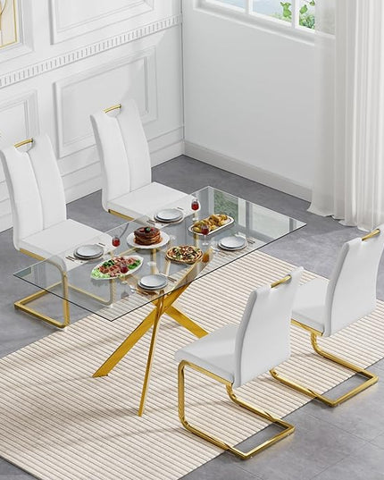5 Piece Glass Dining Table Set, Glass Kitchen Dining Room Table Set for 4, 61" Modern Rectangular Gold Glass Metal Dining Table with 4 White PU Leather Dining Chairs for Kitchen Dining Room