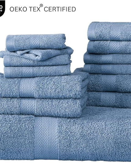 LANE LINEN 100% Cotton Premium Bathroom Towels Set - 16 Pieces - Ring Spun, Quick Dry, Super Soft & Highly Absorbent - 4 Bath, 8 Washcloths, 4 Hand Towels for Bathroom - Pre Shrunk - Cerulean Blue