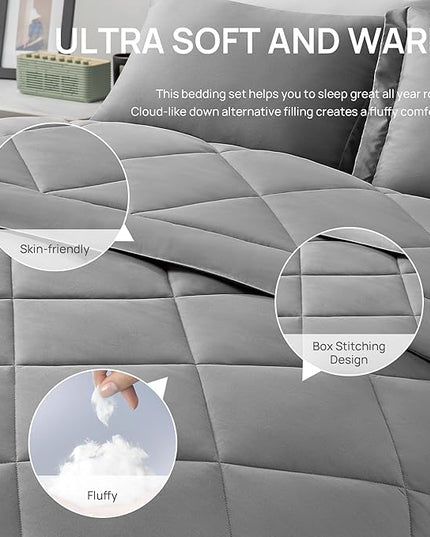 Love's cabin Twin XL Comforter Set Grey, 5 Pieces Twin XL Bed in a Bag, All Season Bedding Sets with 1 Comforter, 1 Flat Sheet, 1 Fitted Sheet, 1 Pillowcase and 1 Pillow Sham