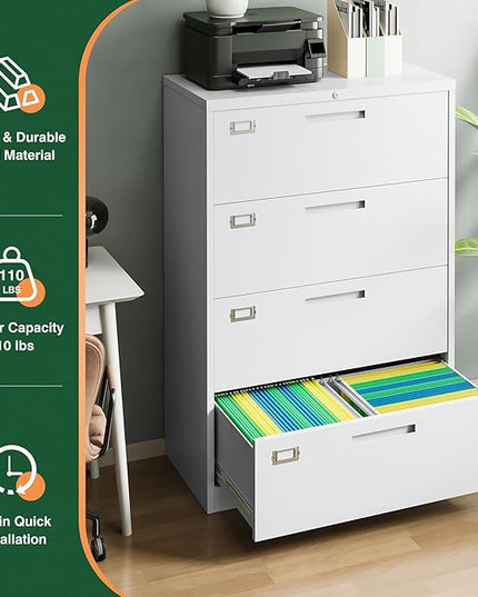 Letaya 4 Drawer File Cabinet with Lock, Metal Lateral Filing Cabinet Wide Office Organization Storage for Home Office Hanging Letter/Legal/F4/A4 (White-Requires Installation)