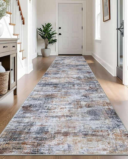 IOHOUZE Abstract Runner Rug 3x14 Ft Washable Runners for Hallways, Non Slip Kitchen Runner Printed Faux Wool Entryway Runner Indoor, Modern Abstract Floor Carpet for Hall Stair, Orange Grey