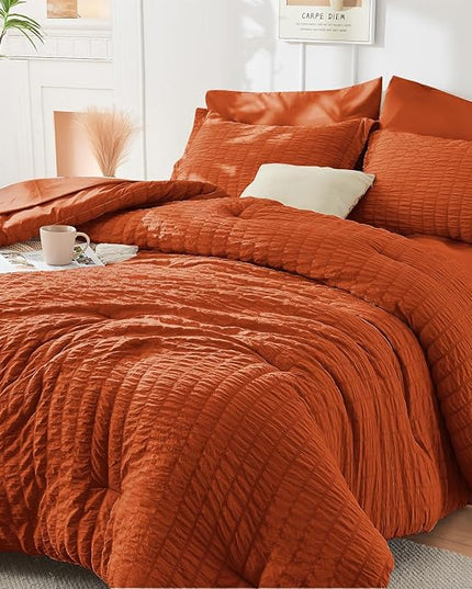 HYMOKEGE Burnt Orange Full Size Comforter Sets Seersucker 7 Pieces, All Season Luxury Bed in a Bag for Bedroom, Bedding Set with Comforters, Sheets, Pillowcases & Shams