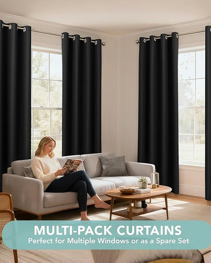 BONZER 100% Blackout Curtains Thermal Insulated - Light Blocking Window Drapes with Black Laminated Backing, Privacy Protection Single Layer for Bedroom/Living Room, 54 x 84 Inch, Black, 2 Panels