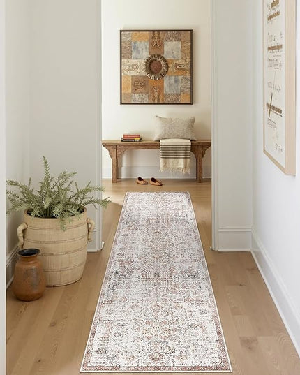 jinchan Kalen Runner Rug 2x8 Washable Hallway Rug Vintage Indoor Thin Retro Floor Cover Distressed Floral Country Lightweight Non Slip Carpet for Entryway Bathroom Bedroom Living Room Stairway Red