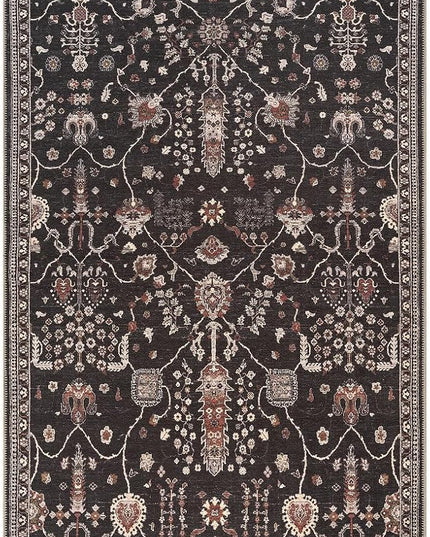 GLN Rugs Bohemian Collection - Machine Washable Area Rug, Bohemian Vintage, Non Slip, Low Pile Chenille Rug, Living Room, Bedroom, Bathroom Rug (9'x12' Black)