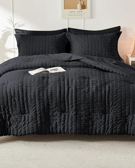 HYMOKEGE Black Queen Comforter Set Seersucker 7 Pieces, All Season Luxury Bed in a Bag for Bedroom, Bedding Set with Comforters, Sheets, Pillowcases & Shams
