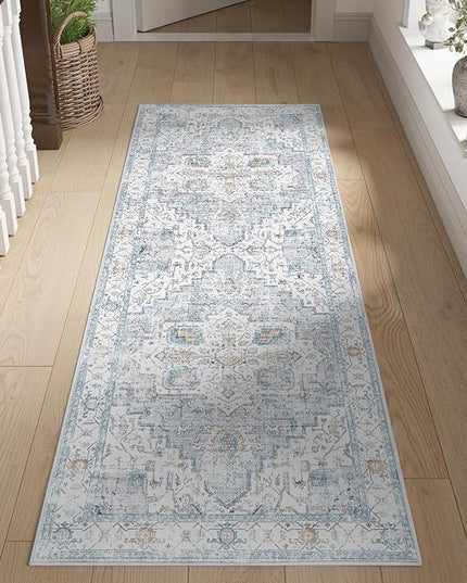 jinchan Tribal Runner Rug 2x5 - Kitchen Machine Washable Vintage Floral Non-Slip with Rubber Backing Ultra-Thin Low-Pile Carpet Runner for Hallway Entryway Bedroom Laundry Room (2x5ft, Grey/Blue)