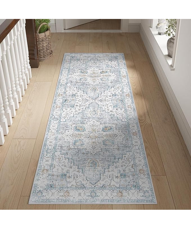 jinchan Tribal Runner Rug 2x5 - Kitchen Machine Washable Vintage Floral Non-Slip with Rubber Backing Ultra-Thin Low-Pile Carpet Runner for Hallway Entryway Bedroom Laundry Room (2x5ft, Grey/Blue)