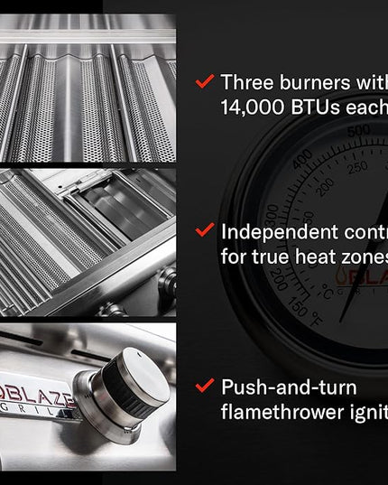 Blaze Prelude LBM Built-in Natural Gas Grill | 25-Inch 3-Burner BBQ with 42,000 BTUs | 304 Stainless Steel Construction | Flame Stabilizing Grids BLZ-3LBM-NG