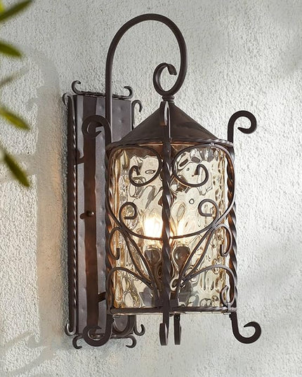 John Timberland Casa Seville Rustic Outdoor Wall Light Fixture Lantern Dark Walnut Iron Scroll 23 3/4" Hammered Glass Decor for Exterior House Porch Patio Outside Deck Garage Front Door Home