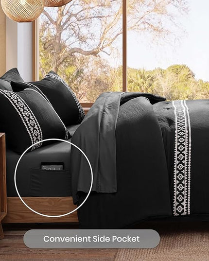 MaiRêve Embroidery Comforter Set, Boho Farmhouse Western Bedding Set, All Season Bed in A Bag Comforter Set with Sheets, Pillowcases & Shams, Black King 7 Pieces
