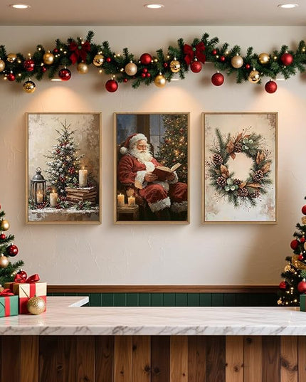 HOURIA Vintage Christmas Framed Canvas Wall Art Set,Santa Claus Reading Book Decor, Wreath Pinecone Berries Artwork,Cozy Night Tree Candle Lantern Prints for Living Room,Xmas 24"x36"x3