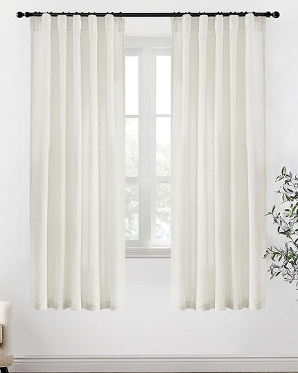 XTMYI 72 Inch Long Linen Curtains for Living Room,Sheer Semi Privacy Back Tab Hooks Pleated Light Filtering Sidelight French Door Curtain Drapes 72 Inch Length 2 Panels Set,Cream Ivory