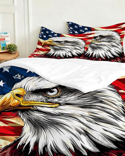 USA Flag Bedding Set Queen Size for Boys Kids Teens American Eagle Comforter Set Wildlife Animal Bird Decor Bedding Red Striped Stars Quilt Set with 1 Comforter +2 Pillowcases
