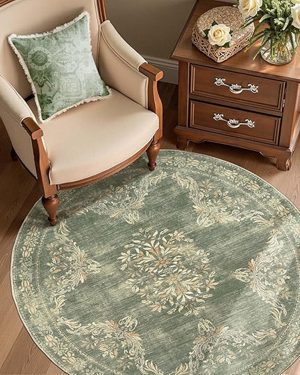 jinchan Round Rug 4ft Area Rugs Vintage Floral Distressed Design Machine Washable Soft Non-Slip Low-Pile Ultra-Thin Christmas Circle Rug for Entryway Living Room Kitchen Nursery (4' Round, Dark Green)