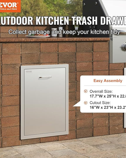 VEVOR Outdoor Kitchen Trash Drawer 17.7W x 25H x 22.8D Inch, Stainless Steel Trash Drawer with Handle and Pull-Out Tray, Outdoor Pull Out Kitchen BBQ Island, Trash Can NOT Included