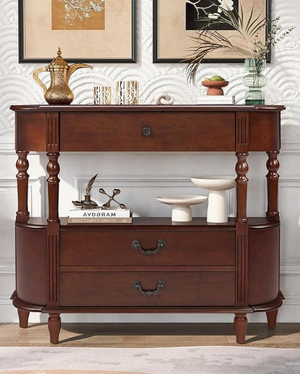 HMFULE Solid Wood Retro Curved Console Table, 43" Half Moon Console Table Sofa Table Entryway Table with 3 Drawers Open Shelf Pine Roman Legs Curved Corners for Living Room,Entryway,Hallway,Cherry