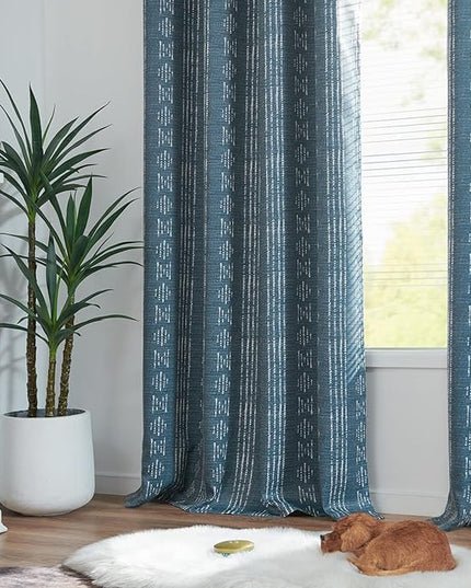 jinchan 95% Blackout Boho Curtains 96 Inch Length for Bedroom White on Blue Geometric Printed Grommet Top Room Darkening Thermal Insulated Window Drapes 2 Panels