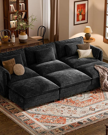 ELUCHANG 116" Luxury Modular Sectional Sofa, Comfy Deep Seat Cloud Couch, Sleeper Sofa Bed, 6 Seat Modern Couch with Removable Cover for Living Room, Apartment, DIY Combination, Chenille Black