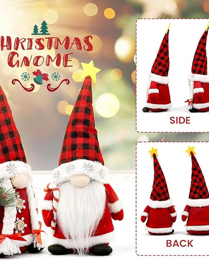 Lovinland Christmas Gnomes Plush Couple with Red Buffalo Check - Xmas Gnomes Elf Tomte Ornaments Doll - Christmas Decorations - Xmas Decorations for Home, Indoor, Office