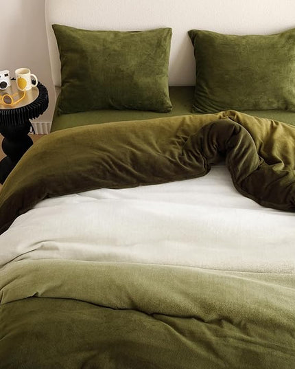 Luxlovery Green Gradient Velvet Comforter Full Fluffy Plush Flannel Bedding Set Full Men Women Army Green White Winter Warm Blanket Quilts Thick Abstract Modern Comforter Set