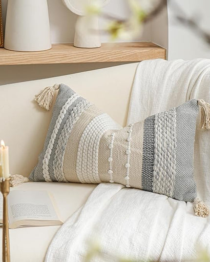 BlissBlush Decorative Lumbar Throw Pillow Cover 14x24 Boho Gray Accent Cushion for Couch Sofa Farmhouse Pillowcase for Bedroom Living Room Home Décor Cover ONLY