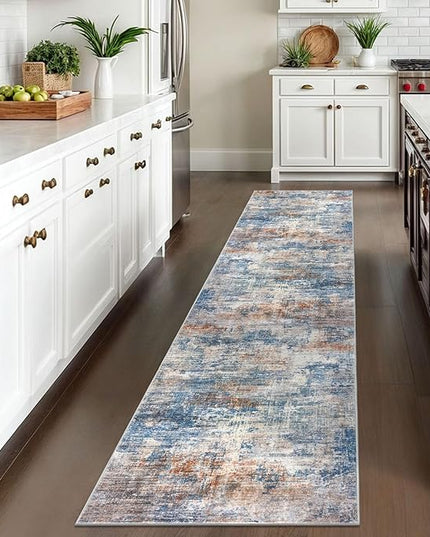 IOHOUZE Abstract Runner Rug 2x10 Ft Washable Runners for Hallways, Non Slip Kitchen Runner Printed Faux Wool Entryway Runner Indoor, Modern Abstract Floor Carpet for Hall Kitchen, Blue Rust