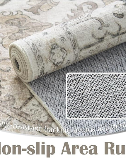 jinchan Hallway Runner Rug 2x10 Machine Washable - Vintage Floral Non-Slip Low-Pile Soft Ultra-Thin Faux Wool Kitchen Rug Distressed Carpet Runner for Farmhouse Bedroom Laundry Room (2x10ft, Taupe)
