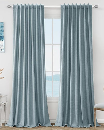 Blue Linen Blackout Curtains 102 Inch Length 2 Panels Set for Living Room Bedroom Back Tab Thermal Insulated 100% Black Out Linen Drapes Room Darkening Window Curtains 102 Inches Long Dusty Blue