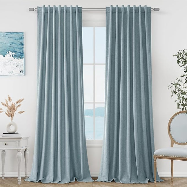Blue Linen Blackout Curtains 102 Inch Length 2 Panels Set for Living Room Bedroom Back Tab Thermal Insulated 100% Black Out Linen Drapes Room Darkening Window Curtains 102 Inches Long Dusty Blue