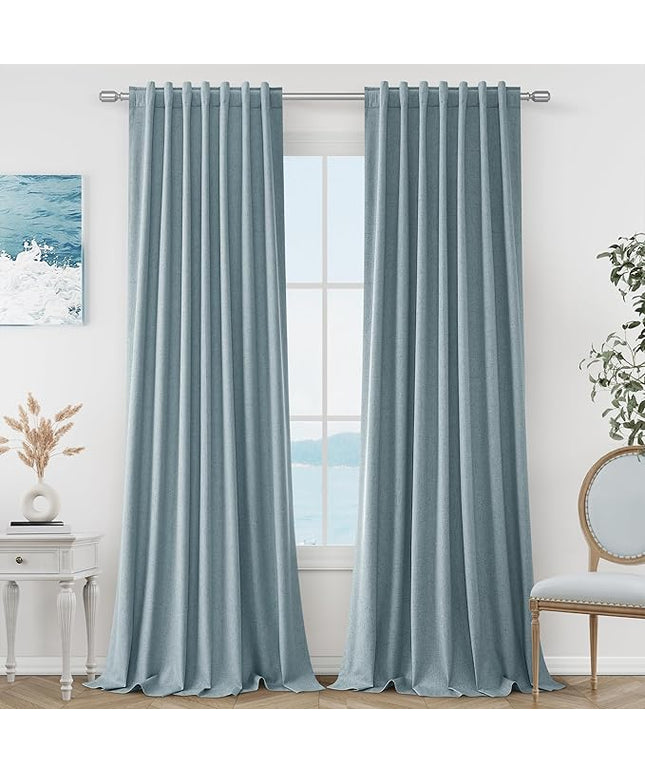 Blue Linen Blackout Curtains 102 Inch Length 2 Panels Set for Living Room Bedroom Back Tab Thermal Insulated 100% Black Out Linen Drapes Room Darkening Window Curtains 102 Inches Long Dusty Blue
