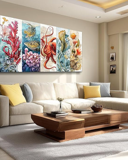 XIGUANGART Bathroom Canvas Wall Art Large Wall Decor for Living Room Bedroom Undersea Pictures Watercolor Octopus Coral Reef Colorful Marine Animals Painting Farmhouse Modern Framed Home Decorations