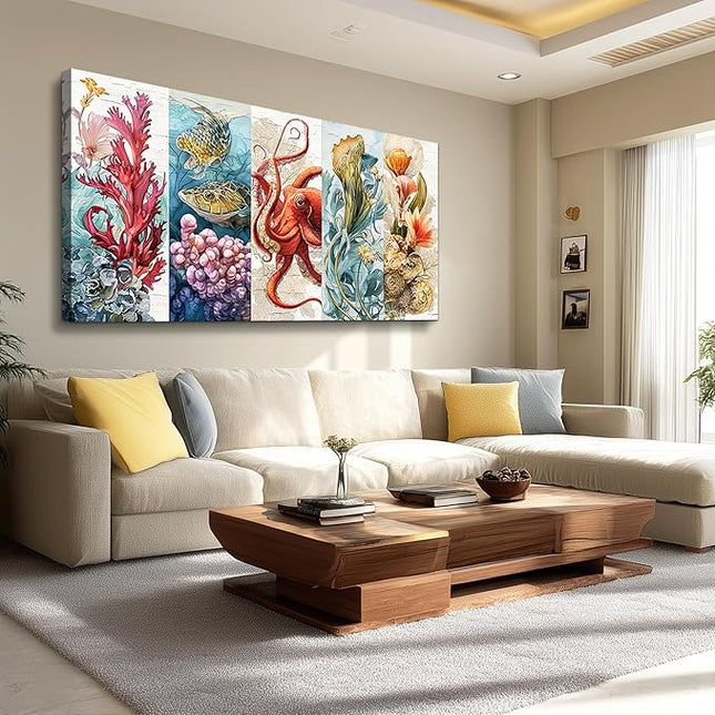 XIGUANGART Bathroom Canvas Wall Art Large Wall Decor for Living Room Bedroom Undersea Pictures Watercolor Octopus Coral Reef Colorful Marine Animals Painting Farmhouse Modern Framed Home Decorations